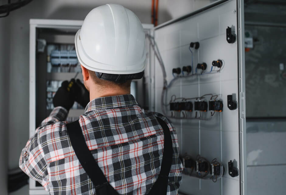 Electrician wearing safety gear working on a breaker box, illustrating the process and importance of upgrading an electrical panel for modern energy needs and safety compliance.